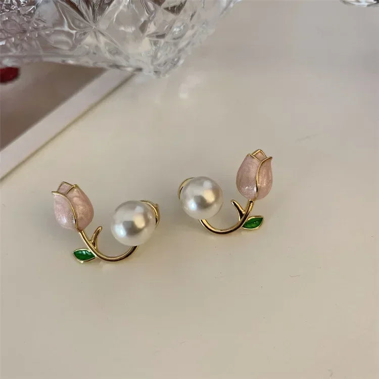 Brincos de Pérola e Esmalte Flor de Tulipa para Mulheres - Joias de Casamento Elegantes