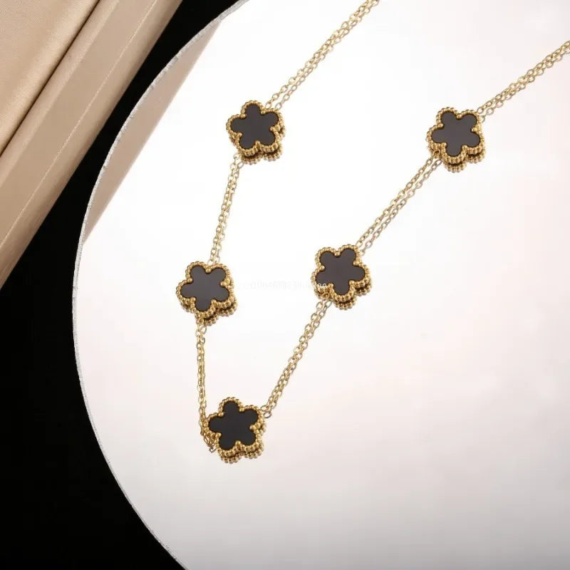 Colar Luxuoso 5 Flores Charm, Gargantilha de Aço Inoxidável, Joia de Alta Qualidade