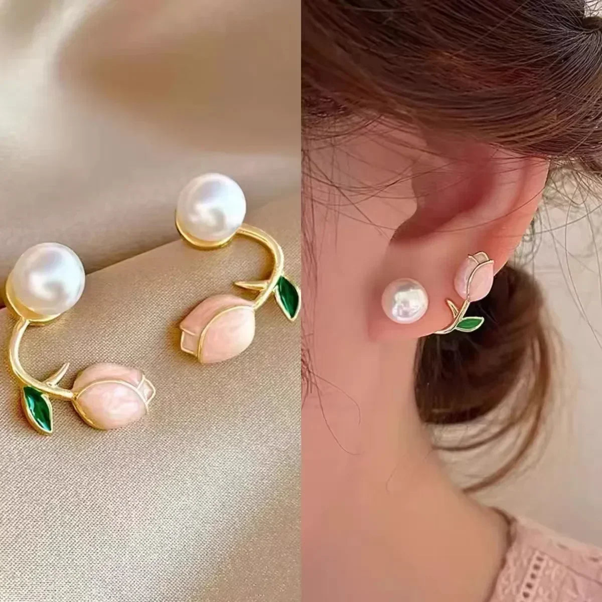 Brincos de Pérola e Esmalte Flor de Tulipa para Mulheres - Joias de Casamento Elegantes