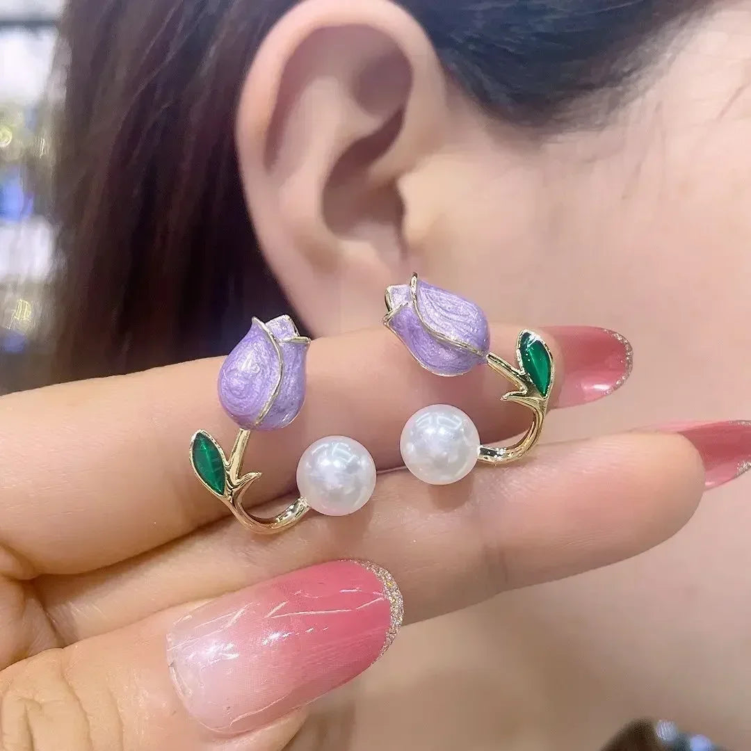 Brincos de Pérola e Esmalte Flor de Tulipa para Mulheres - Joias de Casamento Elegantes