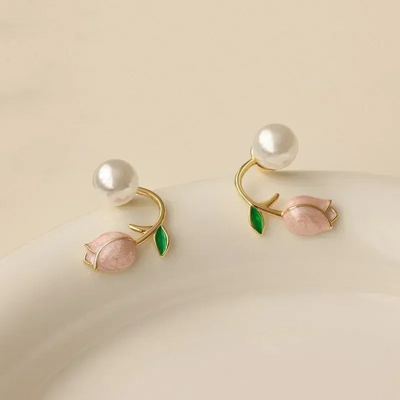Brincos de Pérola e Esmalte Flor de Tulipa para Mulheres - Joias de Casamento Elegantes