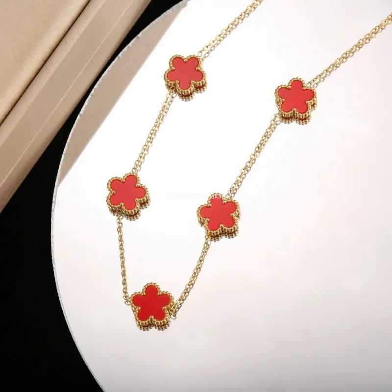 Colar Luxuoso 5 Flores Charm, Gargantilha de Aço Inoxidável, Joia de Alta Qualidade