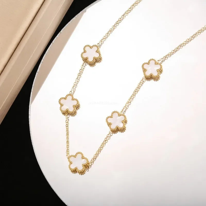 Colar Luxuoso 5 Flores Charm, Gargantilha de Aço Inoxidável, Joia de Alta Qualidade