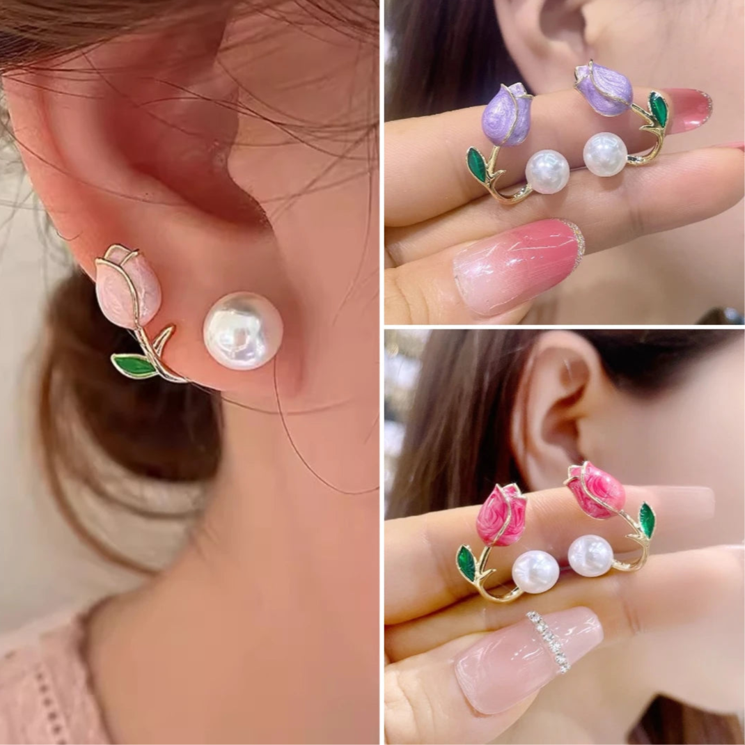 Brincos de Pérola e Esmalte Flor de Tulipa para Mulheres - Joias de Casamento Elegantes