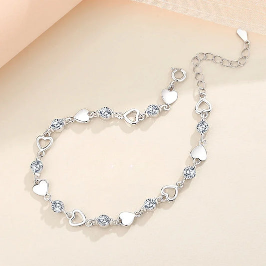 💖 Pulseira de Prata 925 com Coração Vazado e Zircônia – Estilo Coreano Retrô 💖