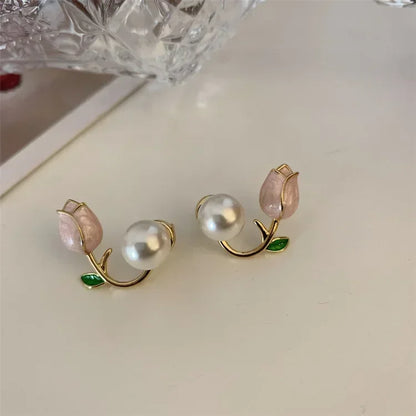 Brincos de Pérola e Esmalte Flor de Tulipa para Mulheres - Joias de Casamento Elegantes
