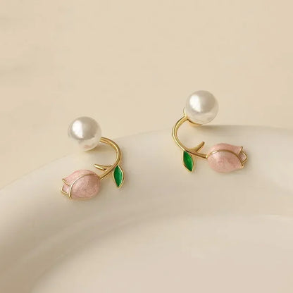 Brincos de Pérola e Esmalte Flor de Tulipa para Mulheres - Joias de Casamento Elegantes