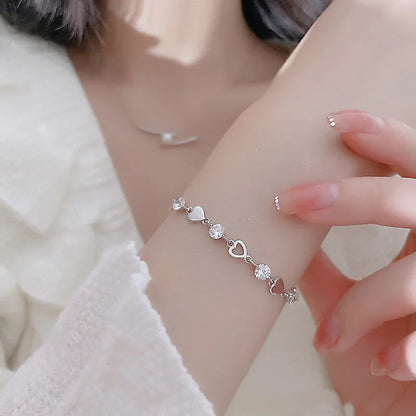 💖 Pulseira de Prata 925 com Coração Vazado e Zircônia – Estilo Coreano Retrô 💖