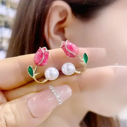 Brincos de Pérola e Esmalte Flor de Tulipa para Mulheres - Joias de Casamento Elegantes
