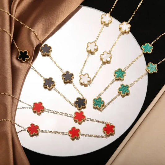 Colar Luxuoso 5 Flores Charm, Gargantilha de Aço Inoxidável, Joia de Alta Qualidade